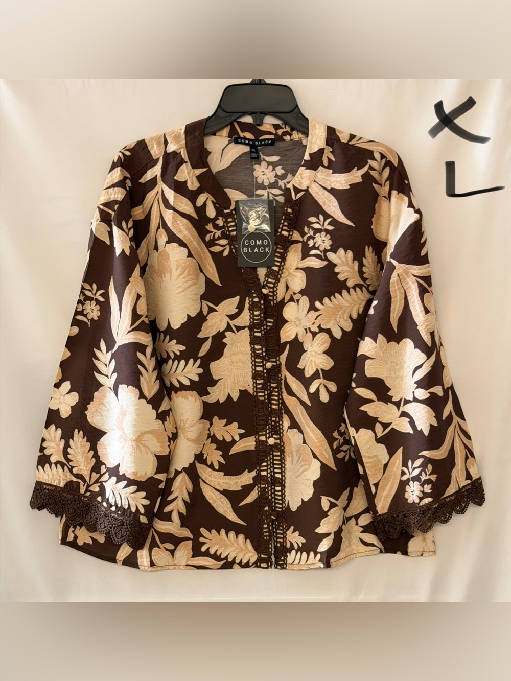 Como Black Brown and Cream Floral Crochet-Trim Blouse - Women's XL